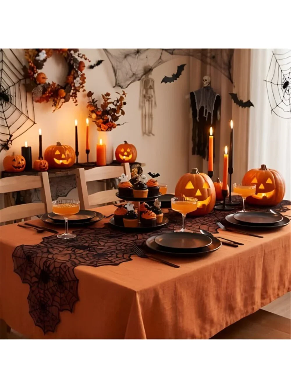 36 Pack Halloween Decorations Set, Black Lace Spiderweb Round Tablecloth,